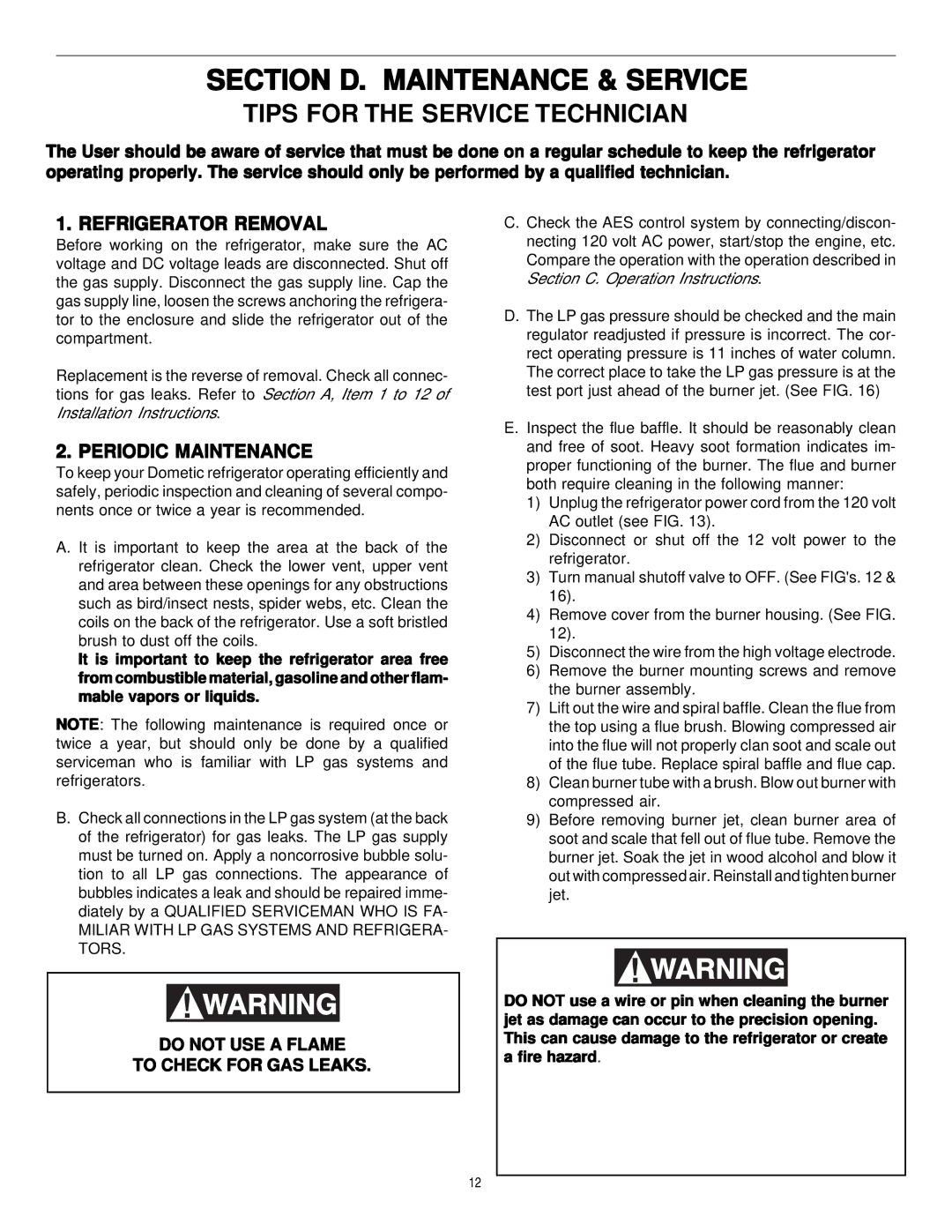 Dometic Elite RM7732 manual Section D. Maintenance & Service, Refrigerator Removal, Periodic Maintenance 