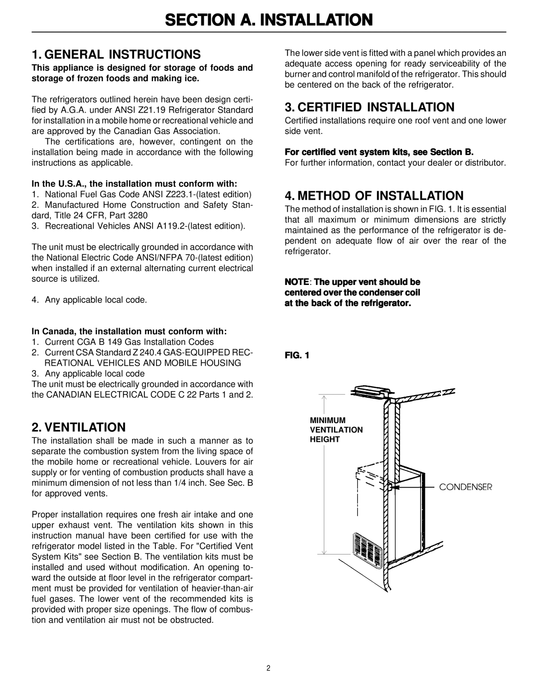 Dometic Elite RM7732 manual Section A. Installation, General Instructions, Ventilation, Certified Installation 