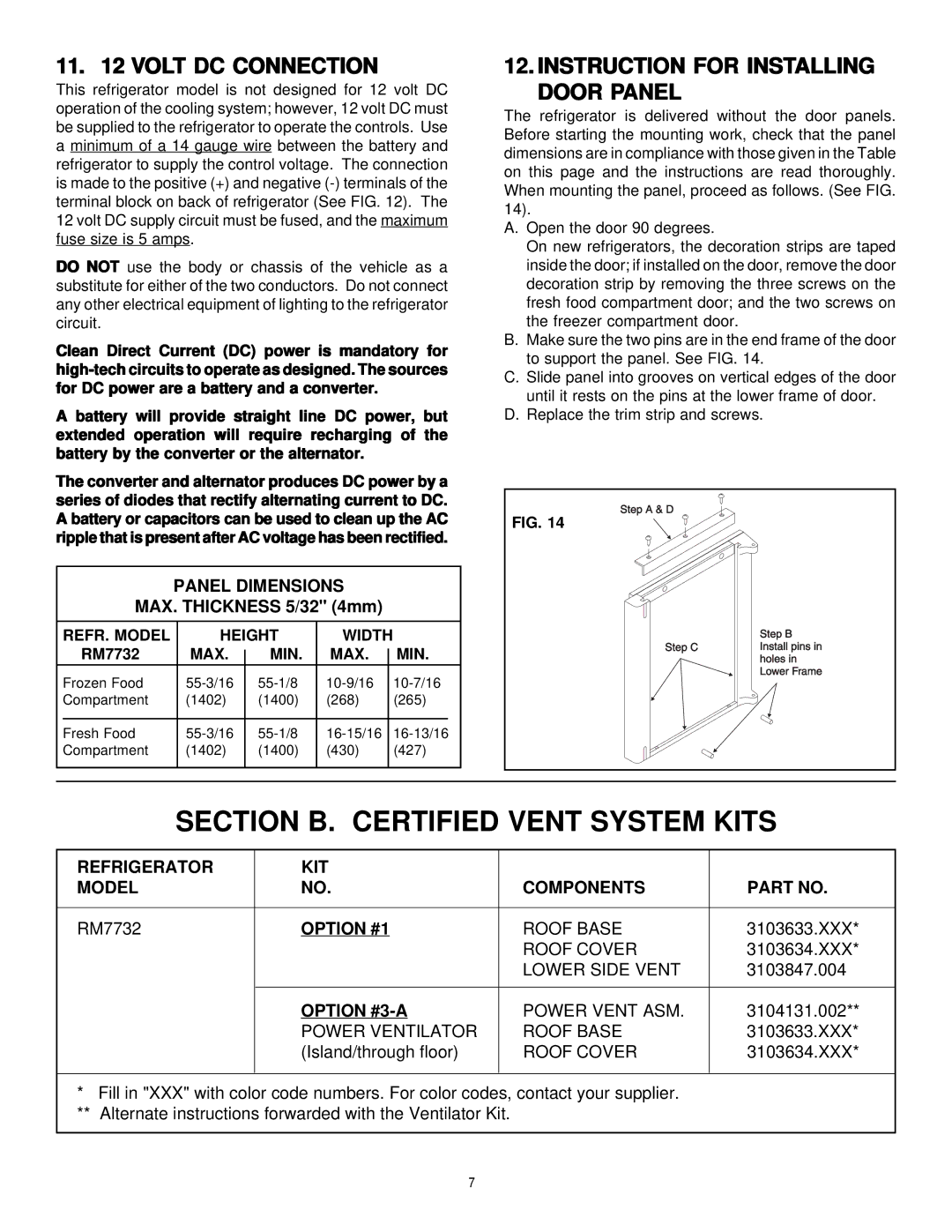 Dometic Elite RM7732 Section B. Certified Vent System Kits, Volt DC Connection, Instruction for Installing Door Panel 