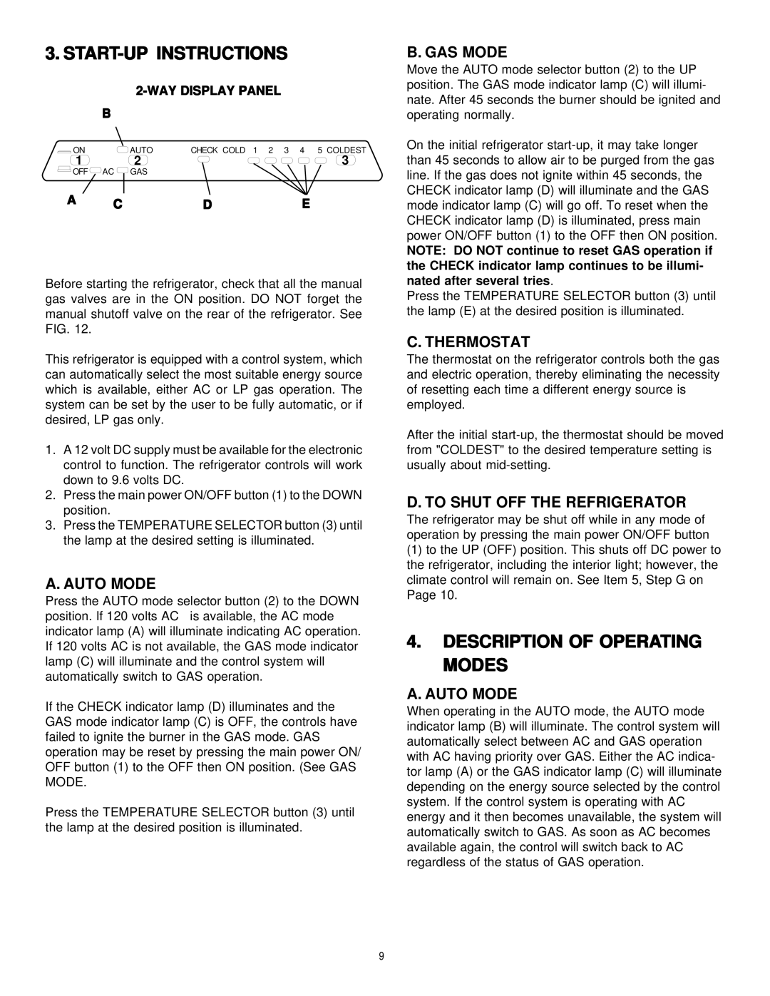 Dometic Elite RM7732 manual START-UP Instructions, Description of Operating Modes 