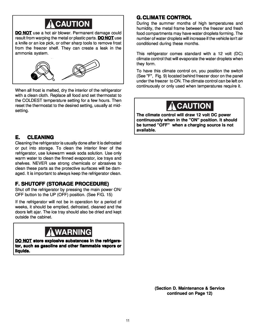 Dometic Elite RM7732 manual E. Cleaning, F. Shutoff Storage Procedure, G. Climate Control 
