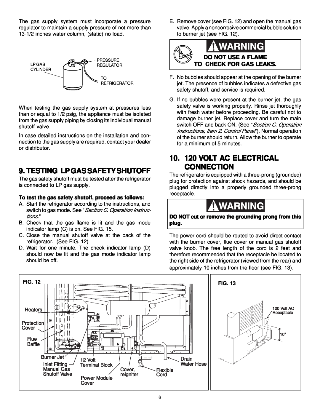 Dometic Elite RM7732 manual Testing Lpgassafetyshutoff, 10. 120 VOLT AC ELECTRICAL CONNECTION 