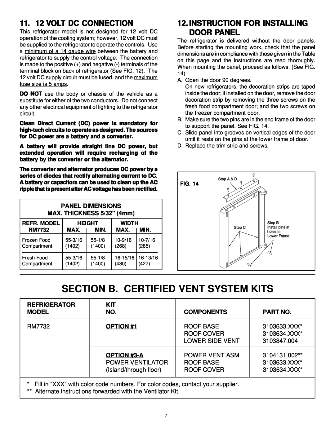 Dometic Elite RM7732 Section B. Certified Vent System Kits, 11. 12 VOLT DC CONNECTION, Refrigerator, Model, Components 