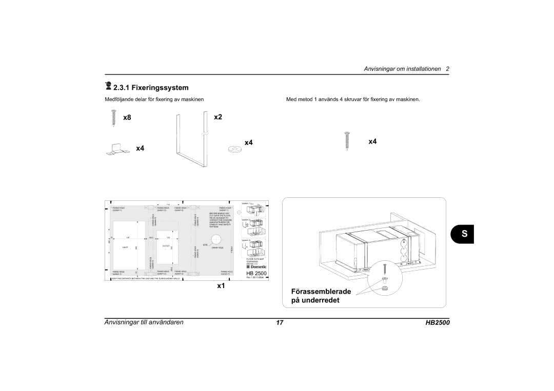 Dometic HB 2500 installation manual Fixeringssystem, Förassemblerade på underredet 