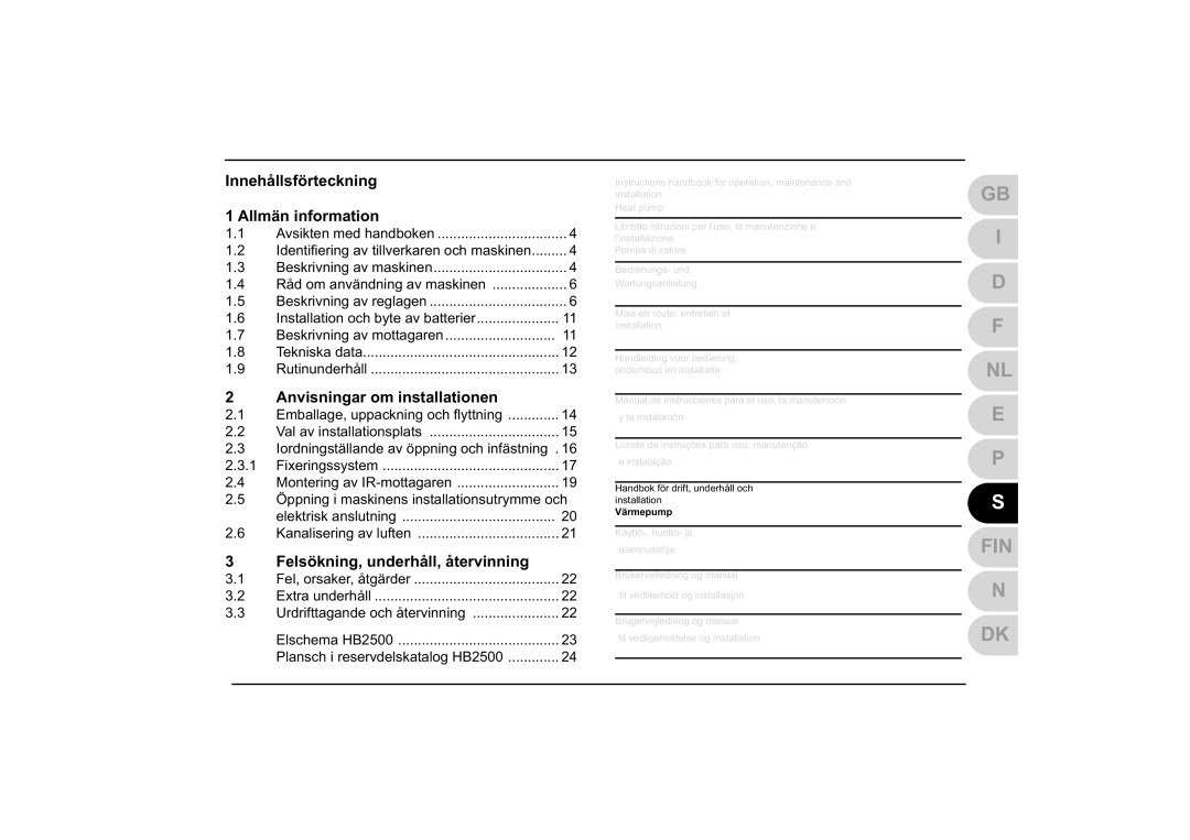 Dometic HB 2500 Innehållsförteckning Allmän information, Anvisningar om installationen, Felsökning, underhåll, återvinning 