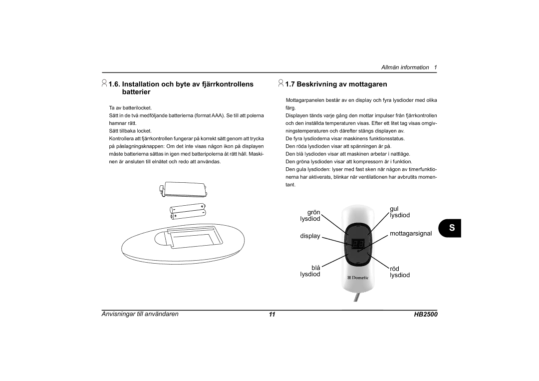Dometic HB2500 installation manual Installation och byte av fjärrkontrollens, Batterier 