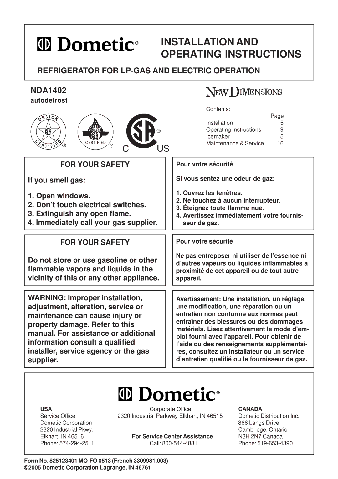 Dometic NDA1402 manual Refrigerator for LP-GAS and Electric Operation, Usa, Canada 