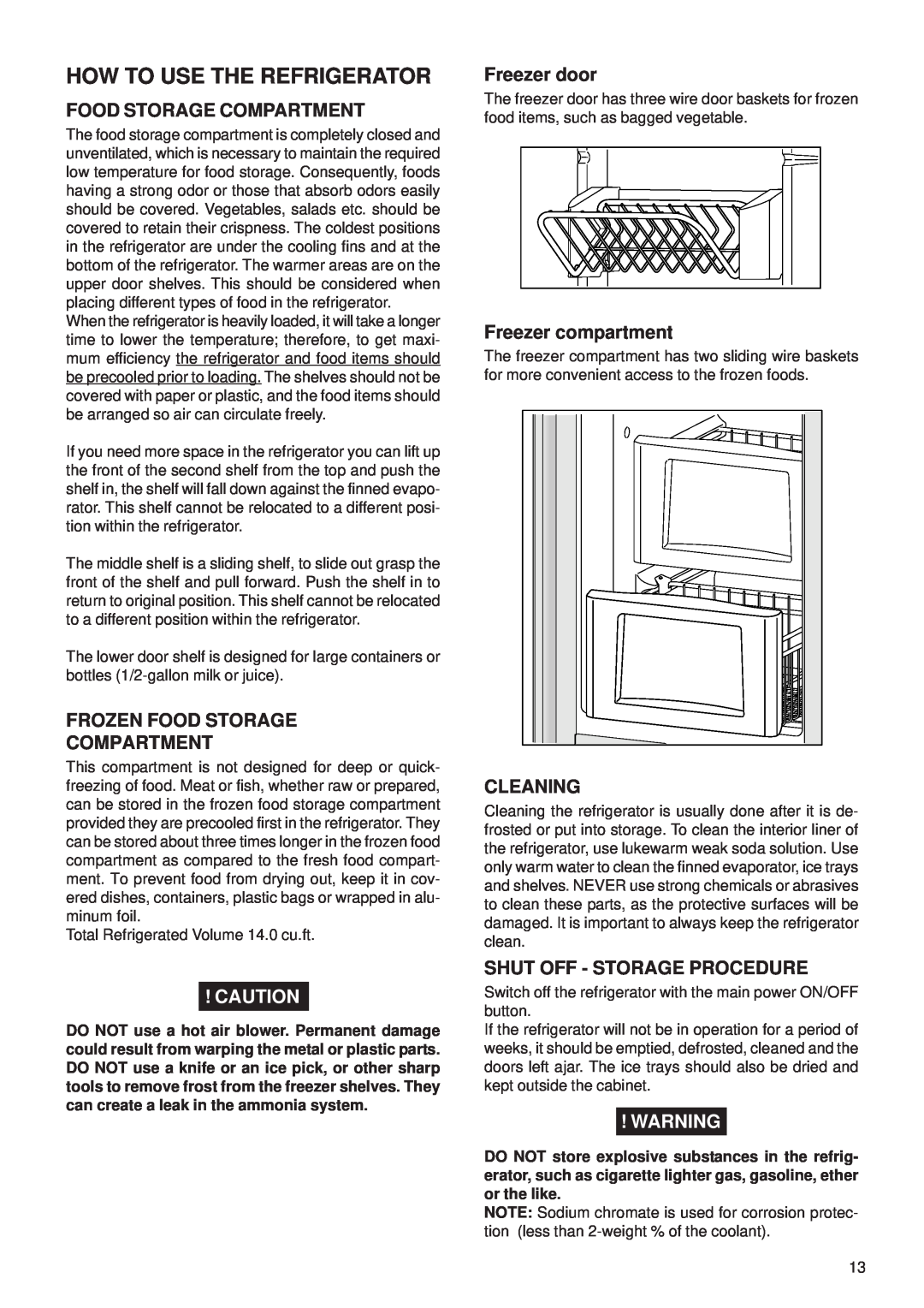 Dometic NDA1402 manual How To Use The Refrigerator, Frozen Food Storage Compartment, Freezer door, Freezer compartment 