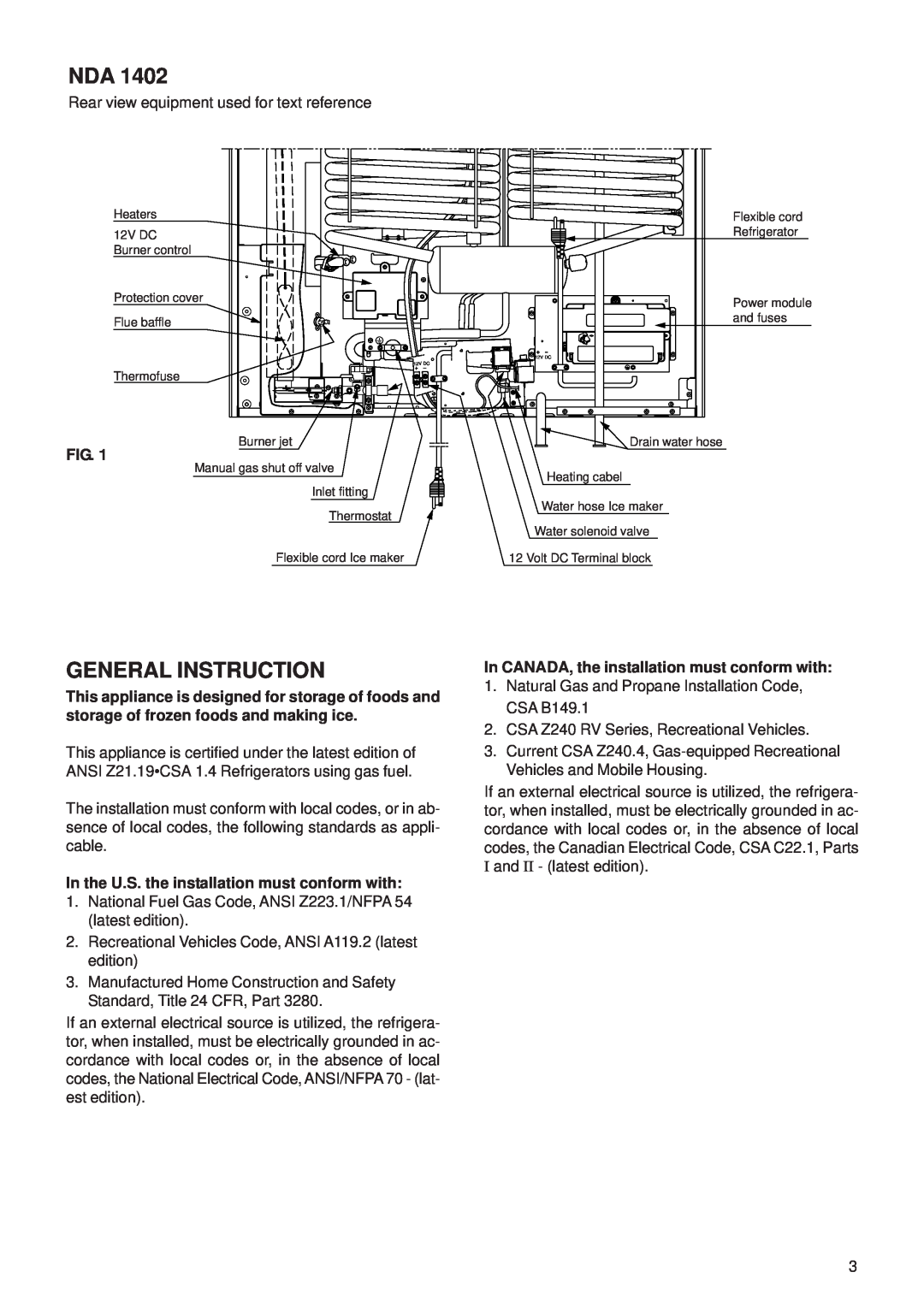 Dometic NDA1402 manual General Instruction, In the U.S. the installation must conform with 