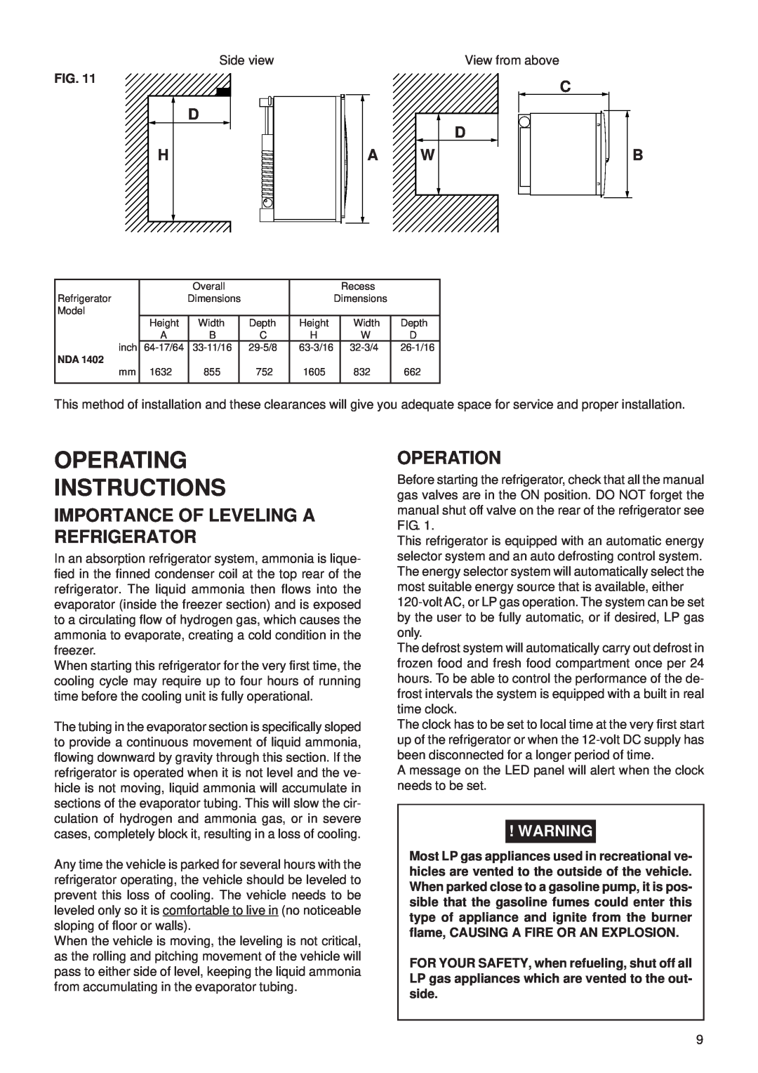 Dometic NDA1402 manual Importance Of Leveling A Refrigerator, Operation, C D A W, Operating Instructions 