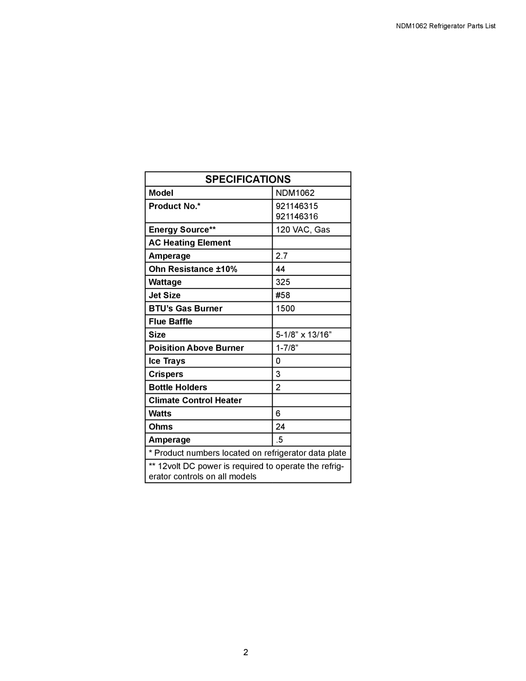 Dometic NDM1062 manual Specifications 