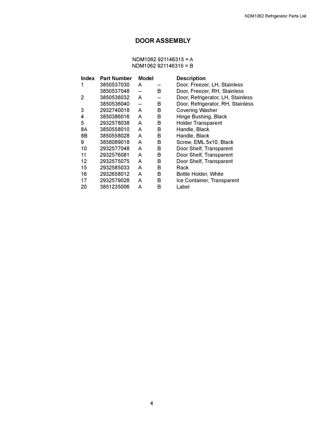 Dometic NDM1062 manual Index Part Number Model Description 