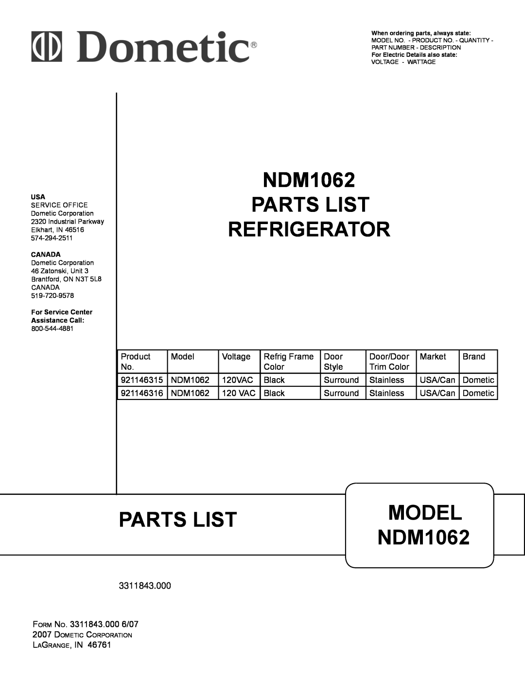 Dometic manual NDM1062 PARTS LIST REFRIGERATOR, Parts List, Model 