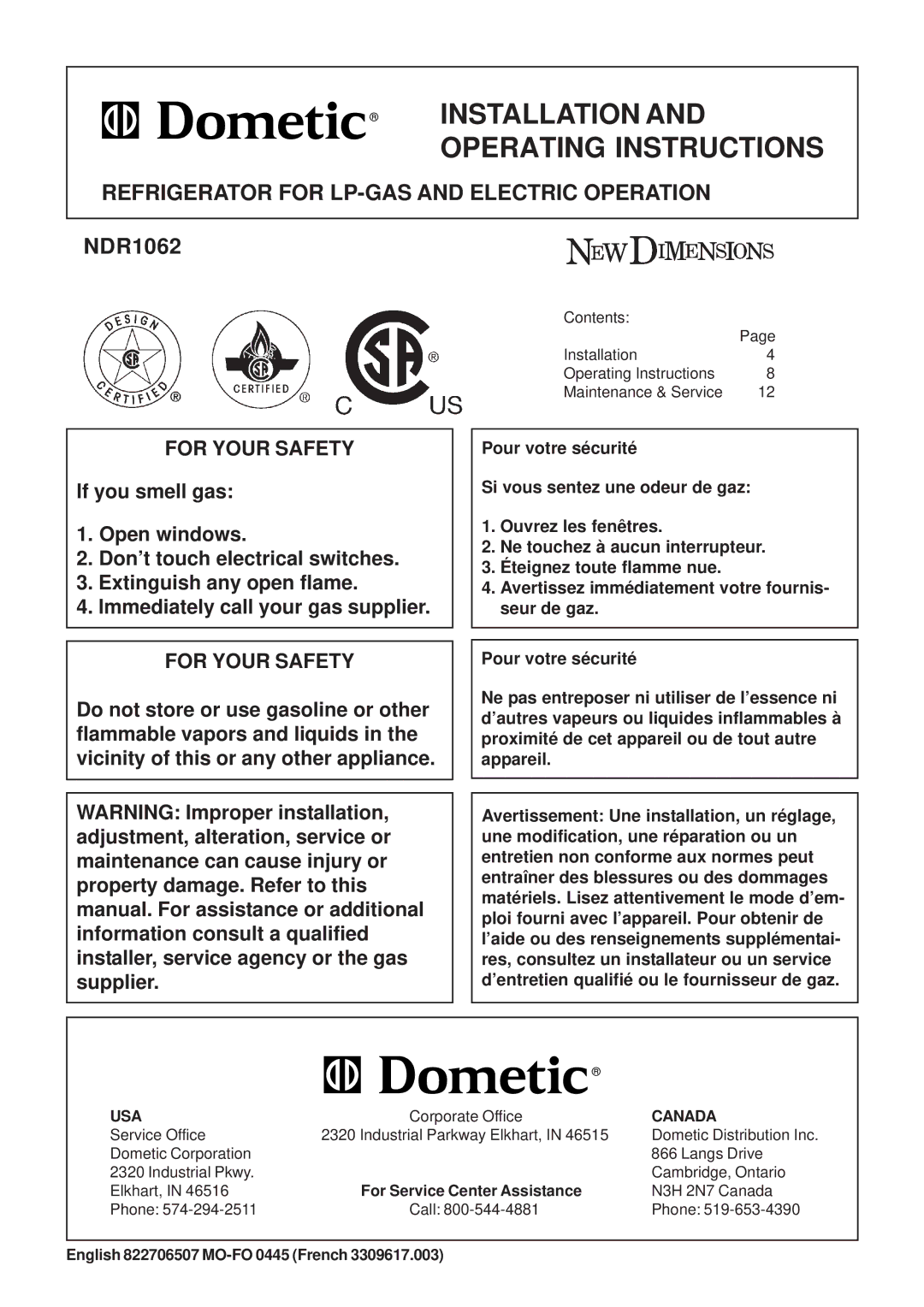 Dometic NDR1062 manual Refrigerator for LP-GAS and Electric Operation, For Service Center Assistance 