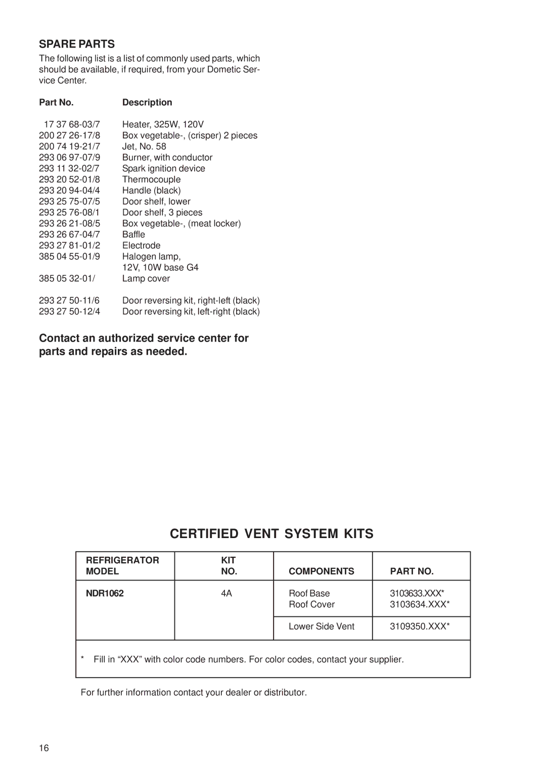 Dometic NDR1062 manual Certified Vent System Kits, Spare Parts, Description 