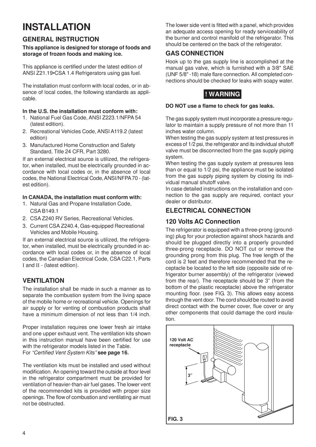 Dometic NDR1062 manual General Instruction, Ventilation, GAS Connection, Electrical Connection, Volts AC Connection 