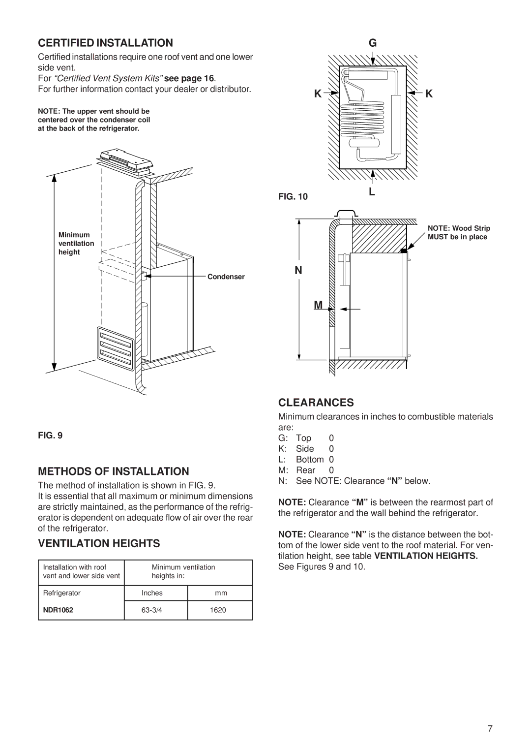 Dometic NDR1062 manual Certified Installation, Methods of Installation, Ventilation Heights, Clearances 