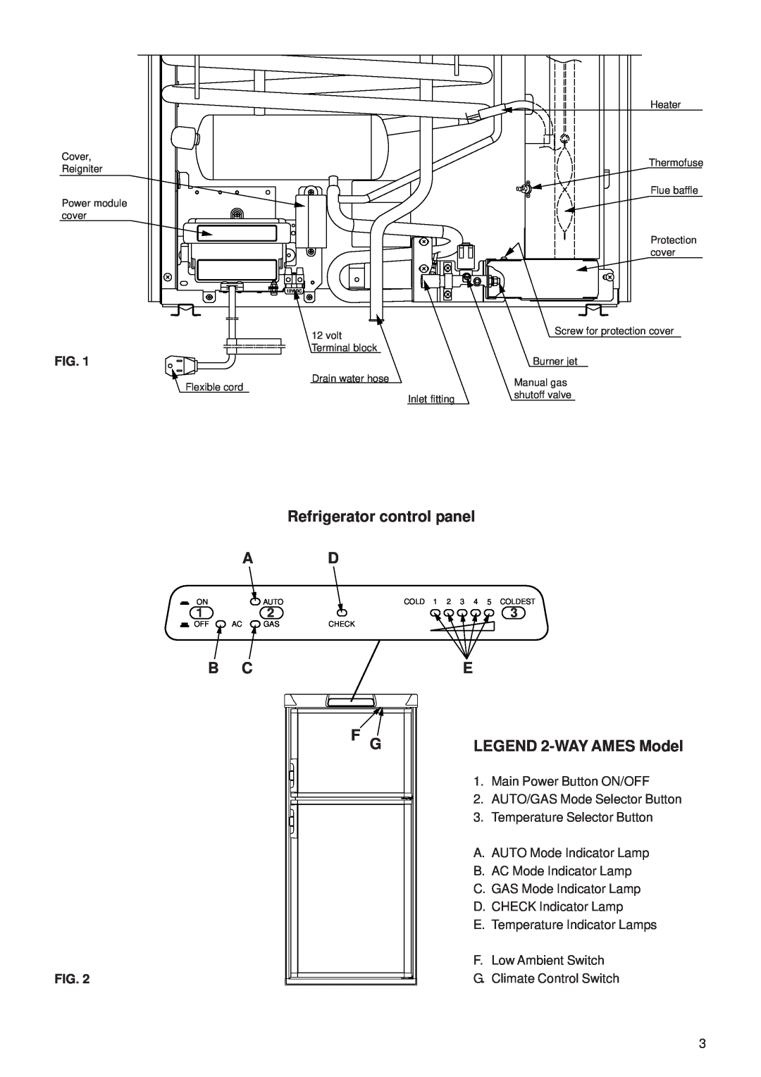 Dometic NDR1062 manual Refrigerator control panel, F G, LEGEND 2-WAY AMES Model 