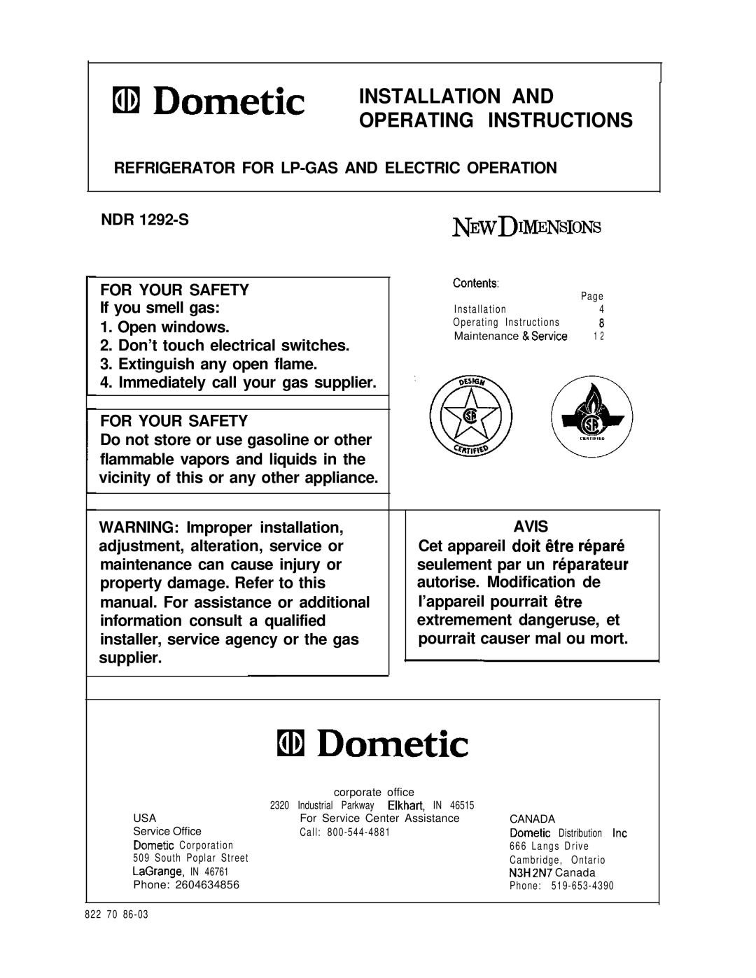 Dometic NDR1292-S dimensions Refrigerator for LP-GAS and Electric Operation, For Your Safety, Avis, Repark 