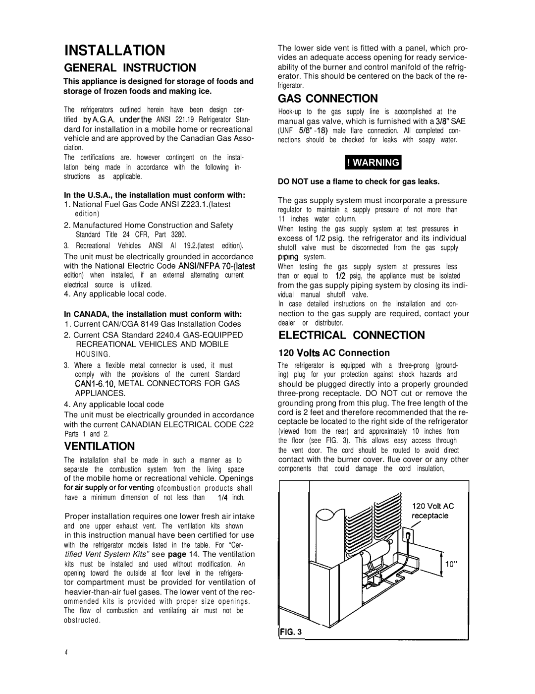 Dometic NDR1292-S dimensions General Instruction, Ventilation, GAS Connection, Electrical Connection, Volts AC Connection 