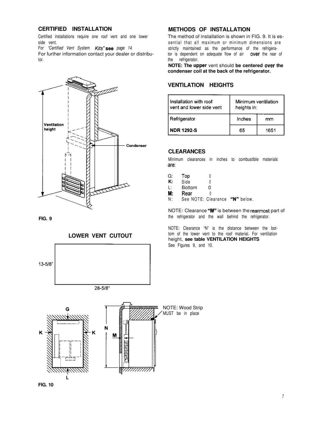 Dometic NDR1292-S Certified Installation, Methods of Installation, Lower Vent Cutout Ventilation Heights Clearances 