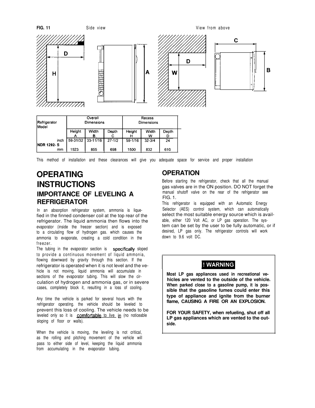 Dometic NDR1292-S dimensions Importance of Leveling a Refrigerator, Operation 