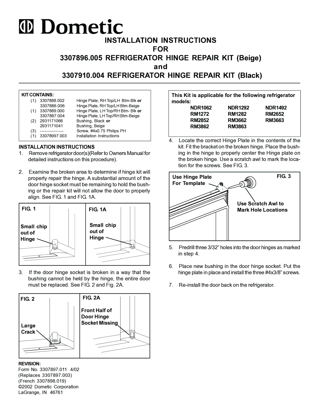 Dometic NDR1292, NDR1492, RM1272, RM1282, RM3663, RM3863, RM3662 installation instructions Installation Instructions For 