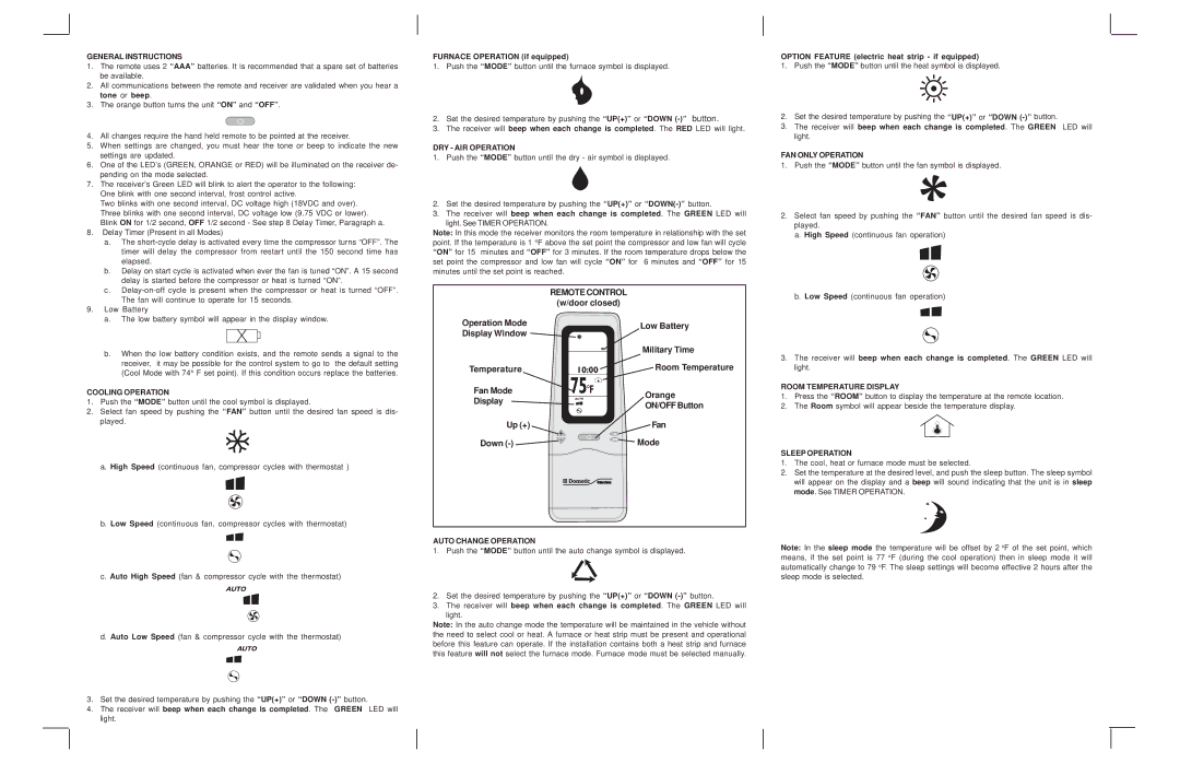 Dometic REMOTE COMFORT CONTROL manual General Instructions, Cooling Operation, DRY AIR Operation, Auto Change Operation 