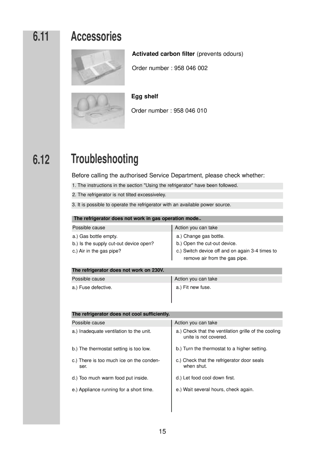 Dometic RGE 2000 installation instructions Accessories, Troubleshooting 