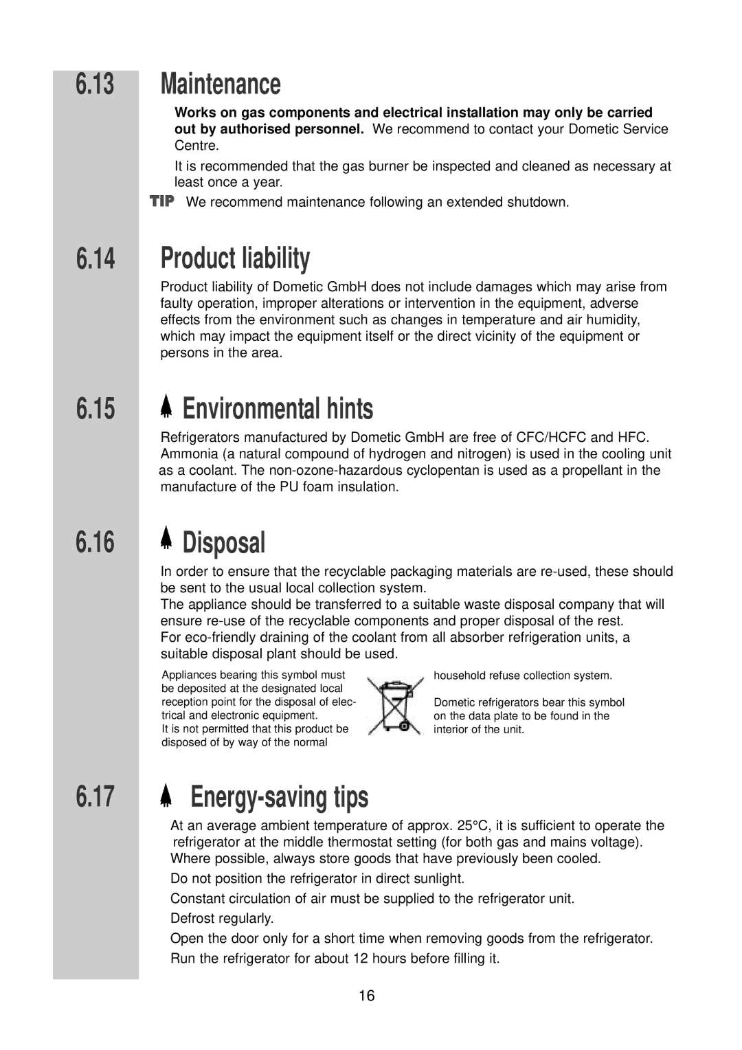 Dometic RGE 2000 Maintenance, Product liability, Environmental hints, Disposal, Energy-saving tips 