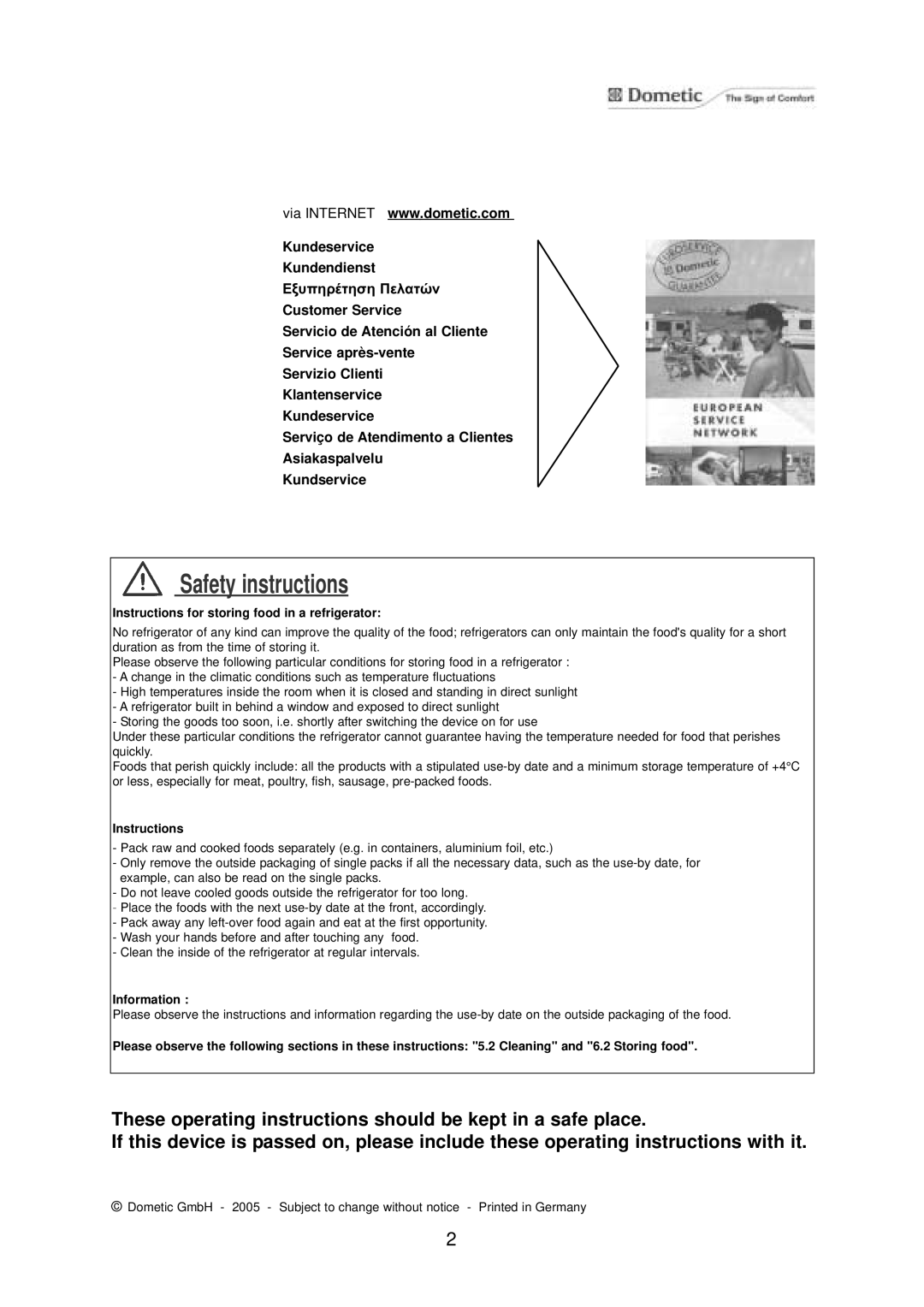 Dometic RGE 2000 installation instructions Safety instructions 