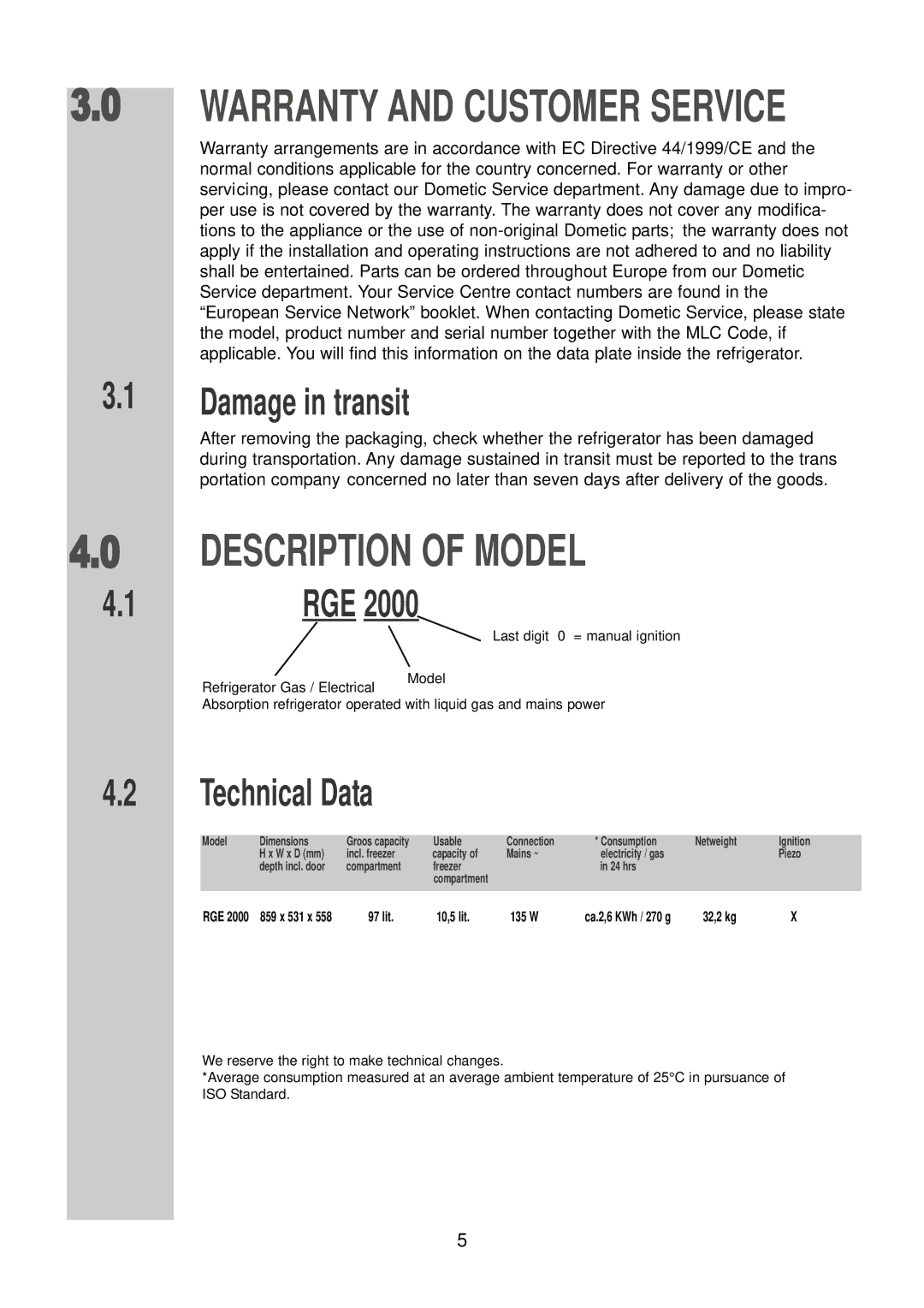 Dometic RGE 2000 installation instructions Damage in transit, Technical Data 