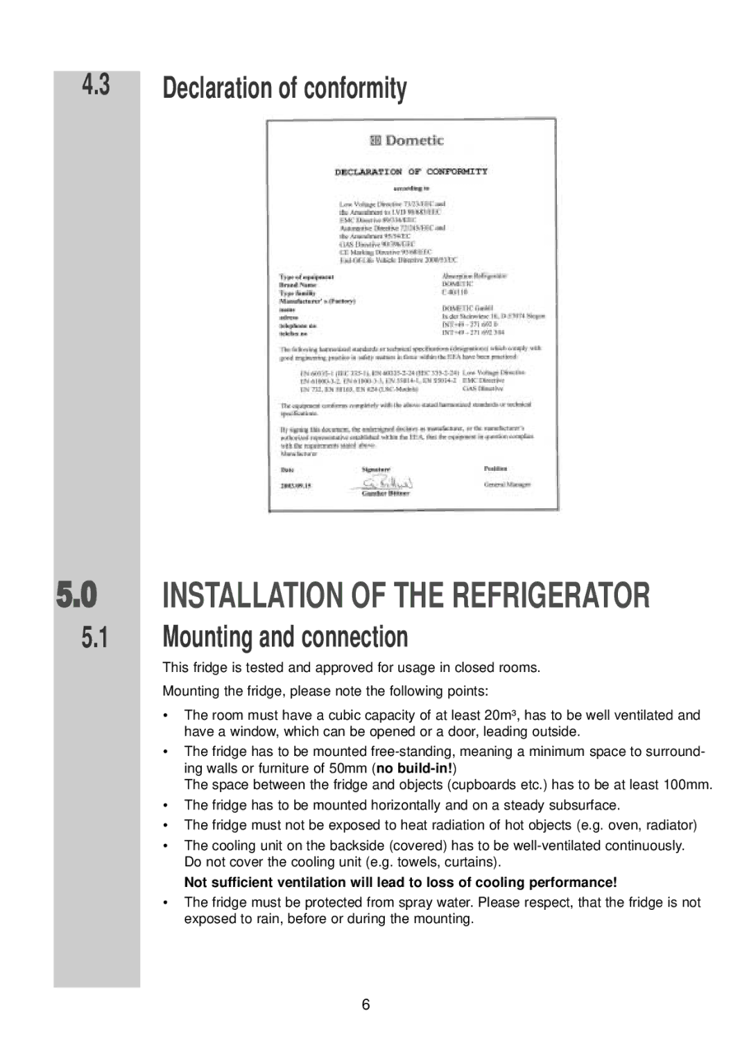 Dometic RGE 2000 installation instructions Declaration of conformity, Mounting and connection 