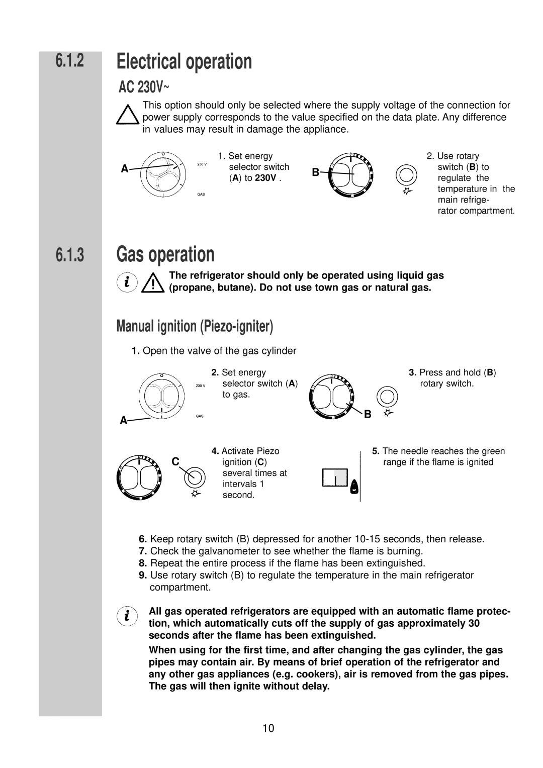 Dometic RGE 2000 installation instructions Electrical operation, Gas operation, AC 230V~, Manual ignition Piezo-igniter 