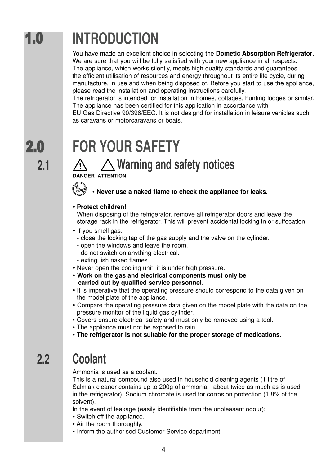 Dometic RGE 2000 installation instructions Introduction, For Your Safety, Coolant, Warning and safety notices 