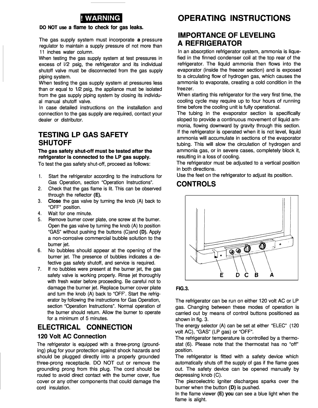 Dometic RGE400 Operating Instructions, Testing Lp Gas Safety Shutoff, Electrical Connection, Controls, Volt AC Connection 