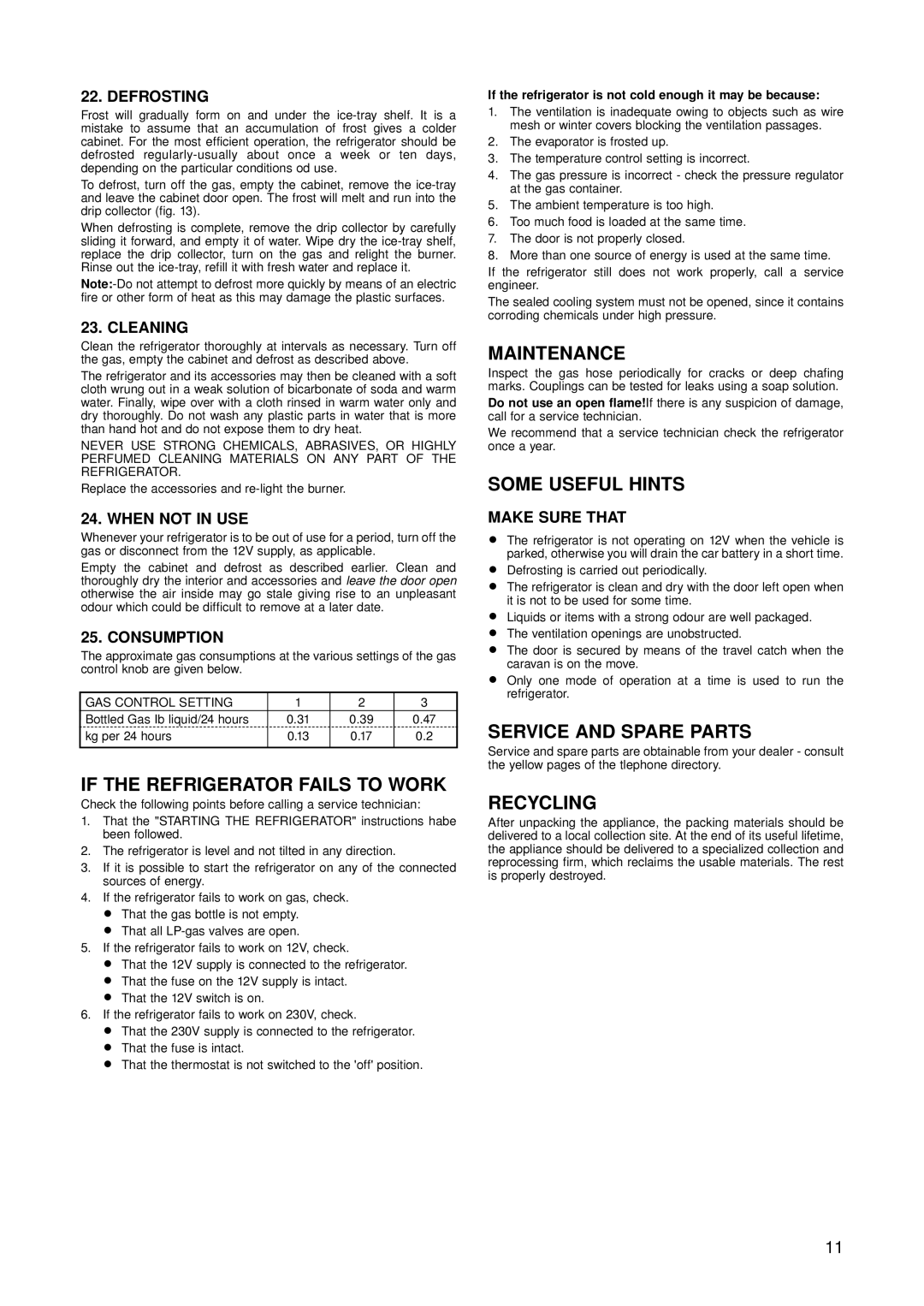 Dometic RM 122F, RM 123E installation instructions Defrosting, Cleaning, When not in USE, Consumption, Make Sure That 