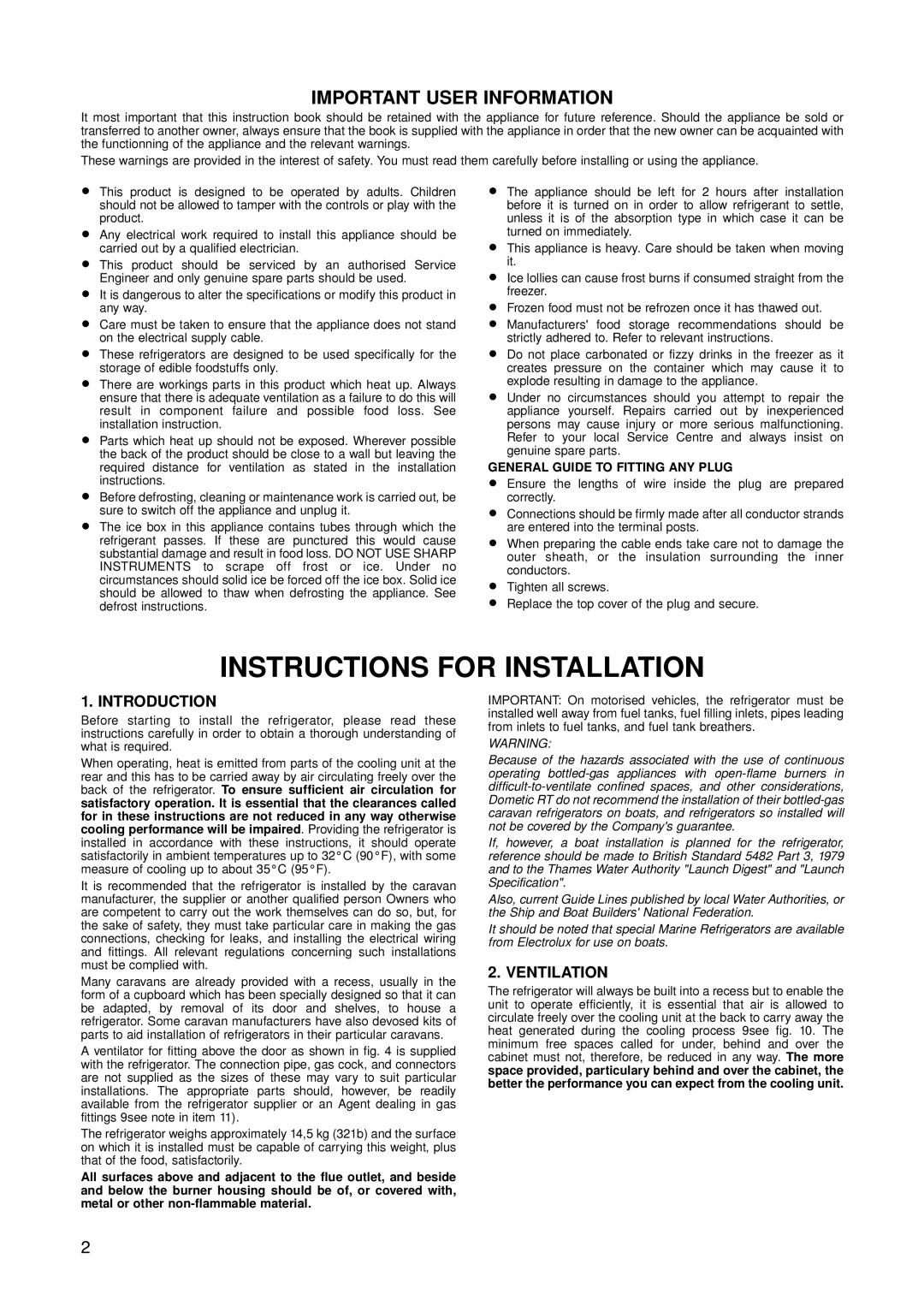 Dometic RM 123E, RM 122F installation instructions Introduction, Ventilation 