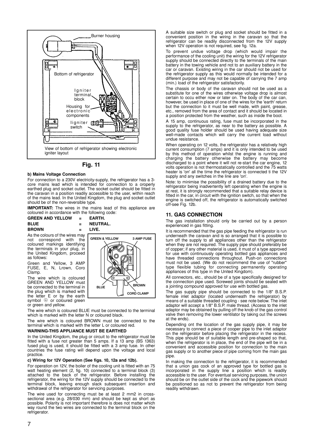 Dometic RM 122F, RM 123E GAS Connection, Mains Voltage Connection, Wiring for 12V Operation See figs , 12a and 12b 