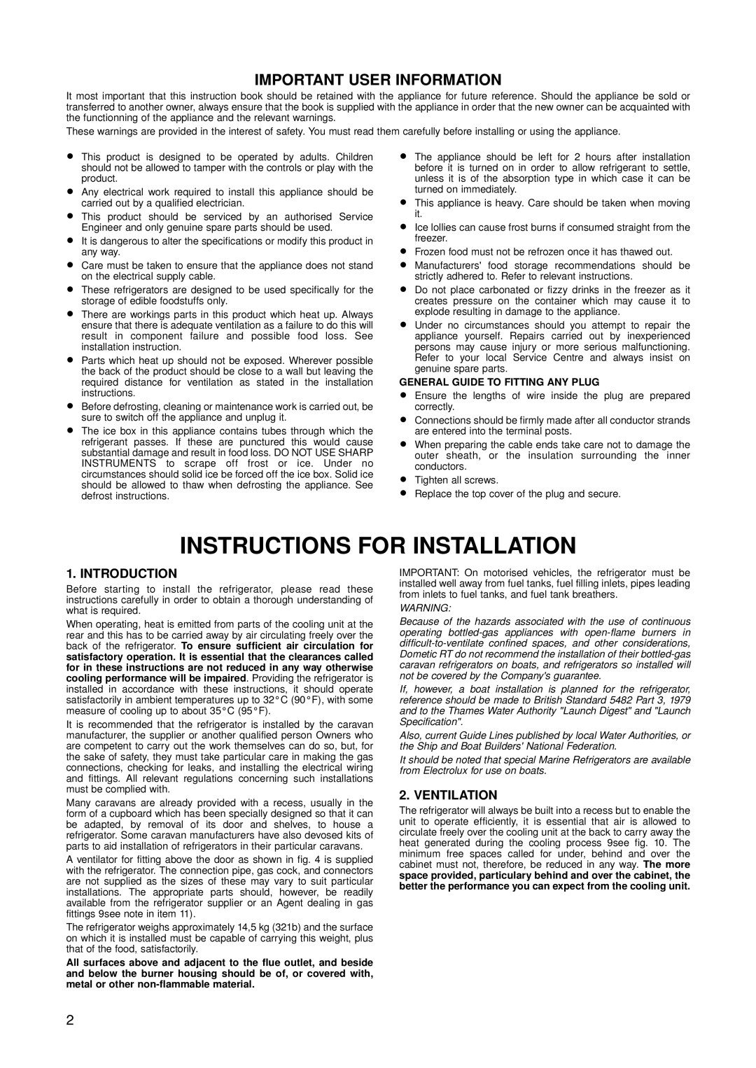 Dometic RM 123E, RM 122F Instructions For Installation, Important User Information, Introduction, Ventilation 