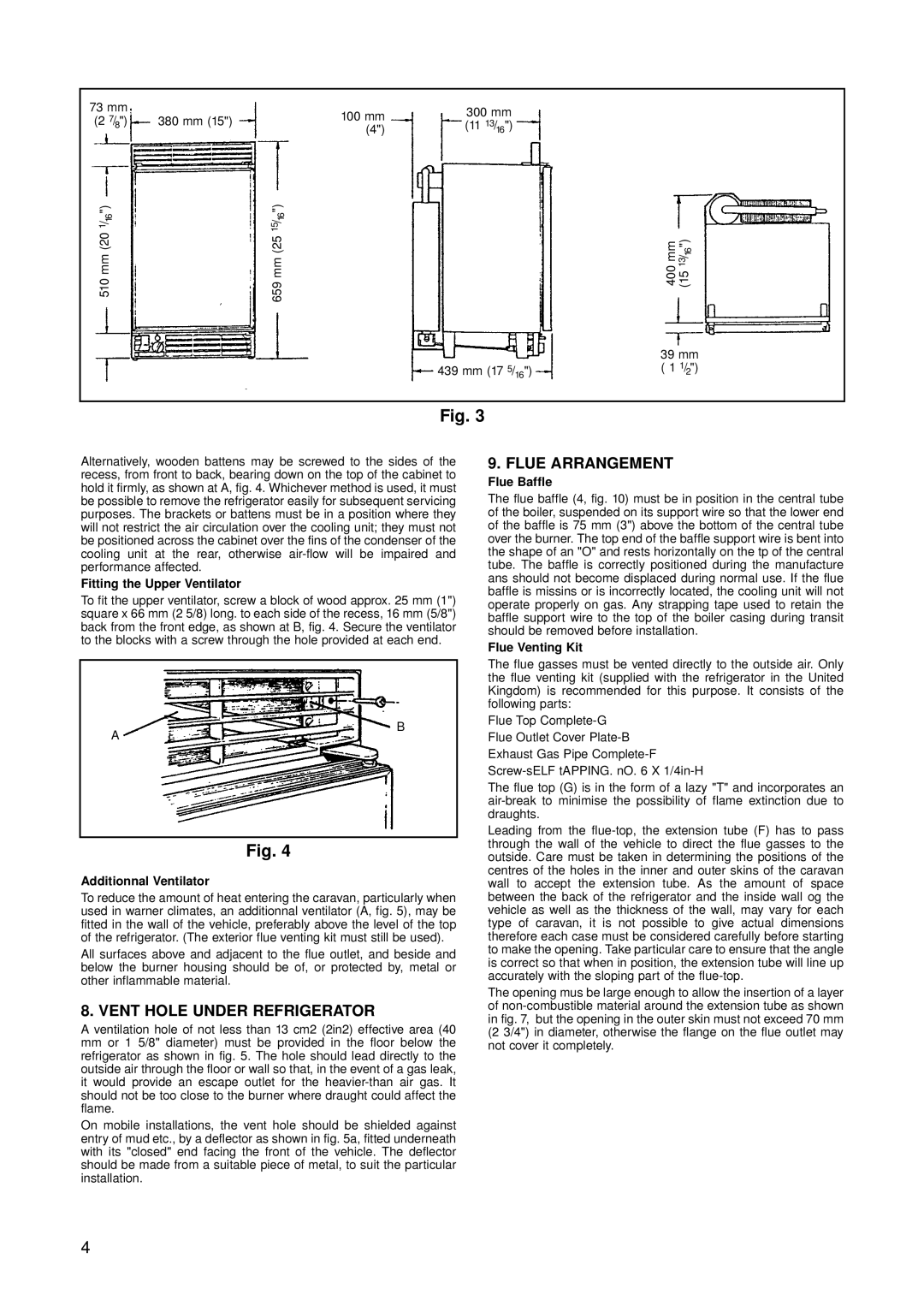 Dometic RM 123E Vent Hole Under Refrigerator, Flue Arrangement, Fitting the Upper Ventilator, Additionnal Ventilator 