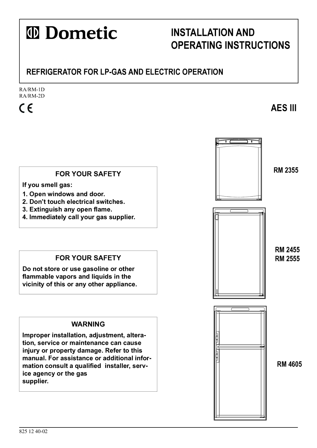 Dometic RM 2455, RM 2555, RM 2355, RM 4605 operating instructions Installation Operating Instructions, 825 12 
