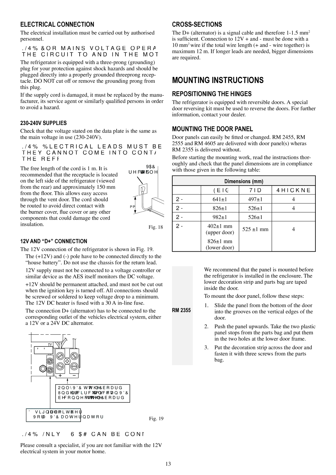 Dometic RM 2455, RM 2555, RM 2355 Mounting Instructions, Electrical Connection, Cross-Sections, Repositioning the Hinges 