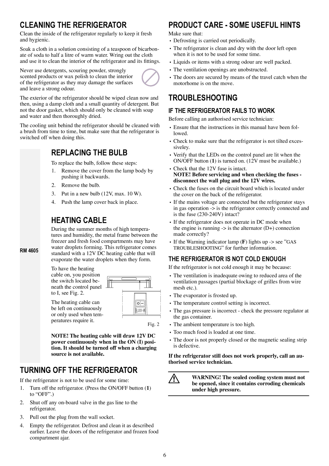 Dometic RM 2355, RM 2555 Cleaning the Refrigerator, Replacing the Bulb, Heating Cable, Turning OFF the Refrigerator 