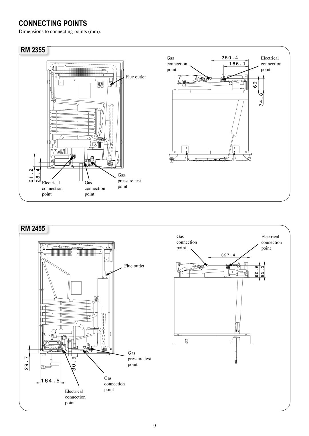 Dometic RM 2455, RM 2555, RM 2355, RM 4605 operating instructions Connecting Points, Dimensions to connecting points mm 