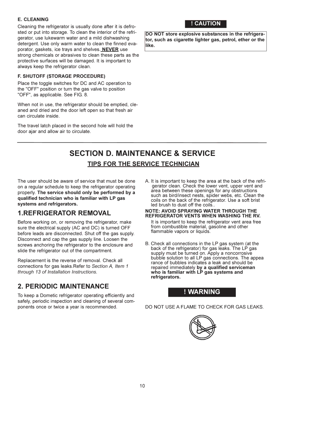 Dometic RM 4223 manual Section D. Maintenance & Service, Refrigerator Removal, Periodic Maintenance 