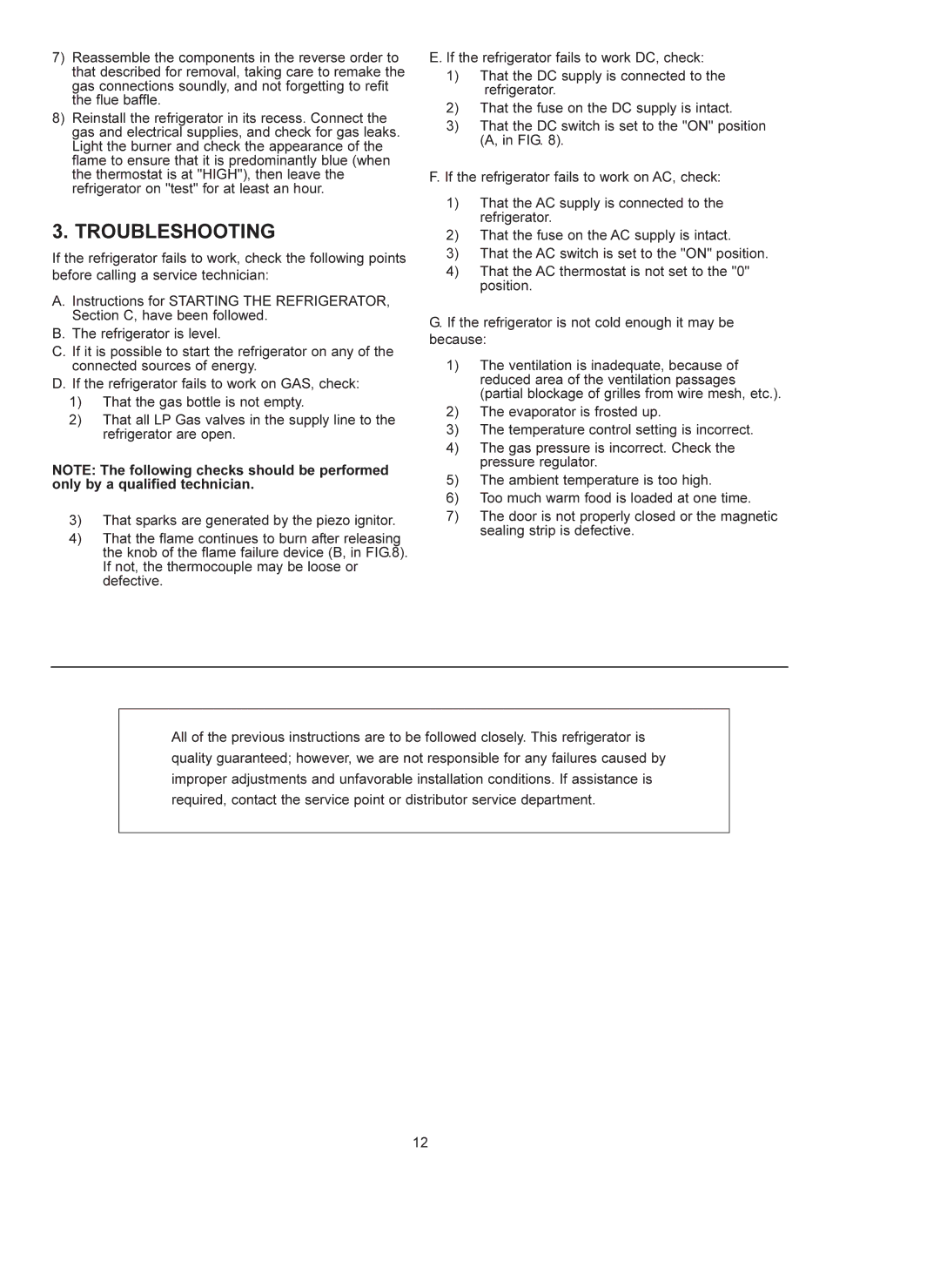 Dometic RM 4223 manual Troubleshooting 