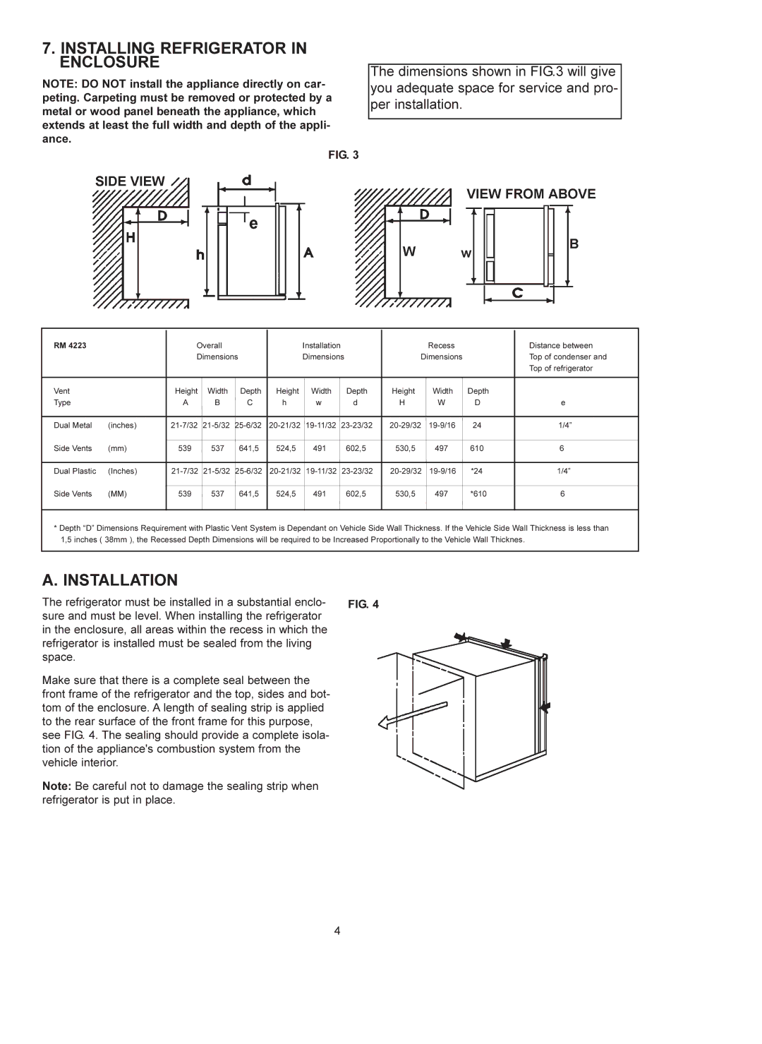 Dometic RM 4223 manual Installing Refrigerator in Enclosure, Installation 