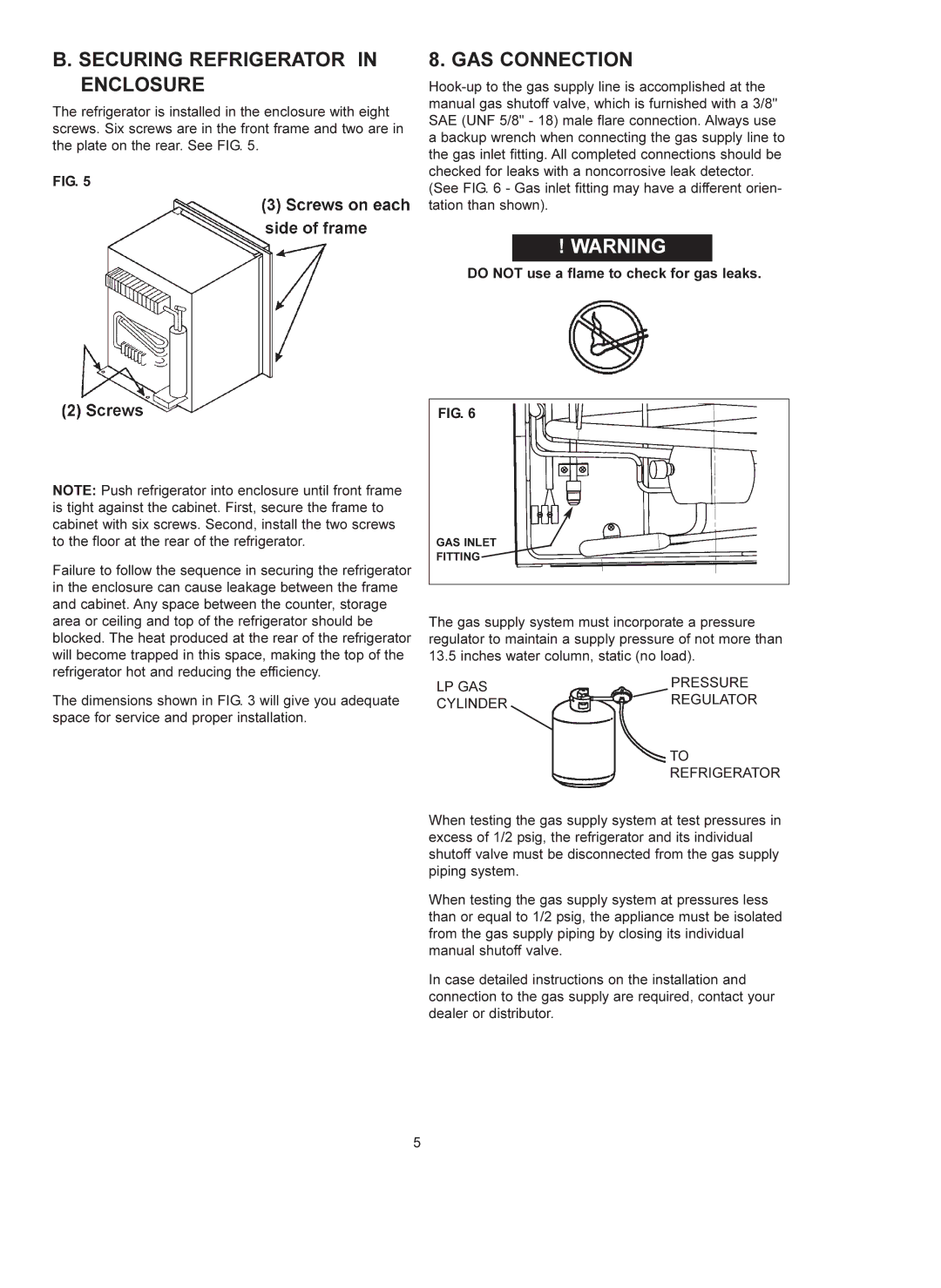 Dometic RM 4223 manual Securing Refrigerator in Enclosure, GAS Connection 