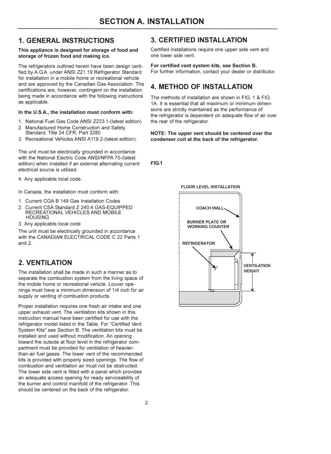 Dometic RM 4223 Section A. Installation, General Instructions, Ventilation, Certified Installation, Method Of Installation 